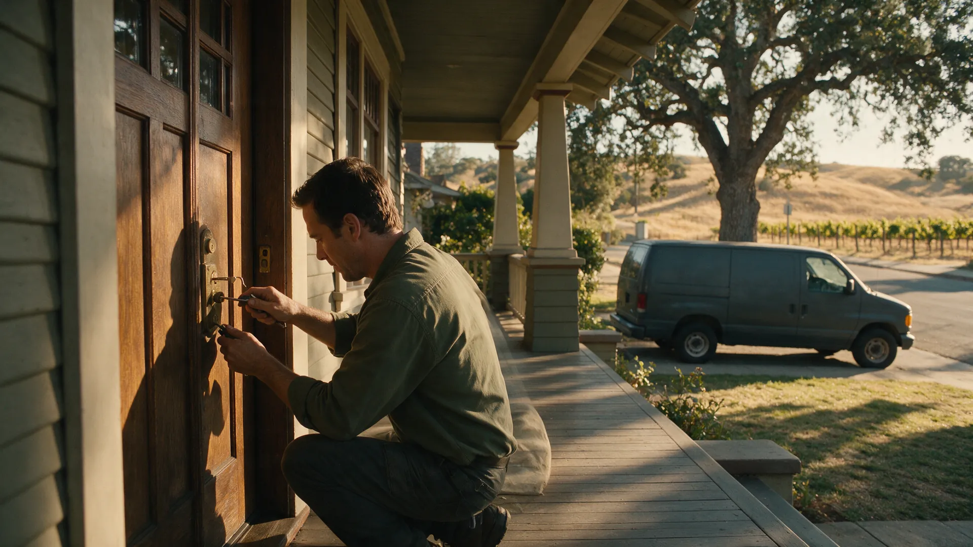 Vintage Lock & Key technician fitting a key at the front door of a Santa Rosa bungalow